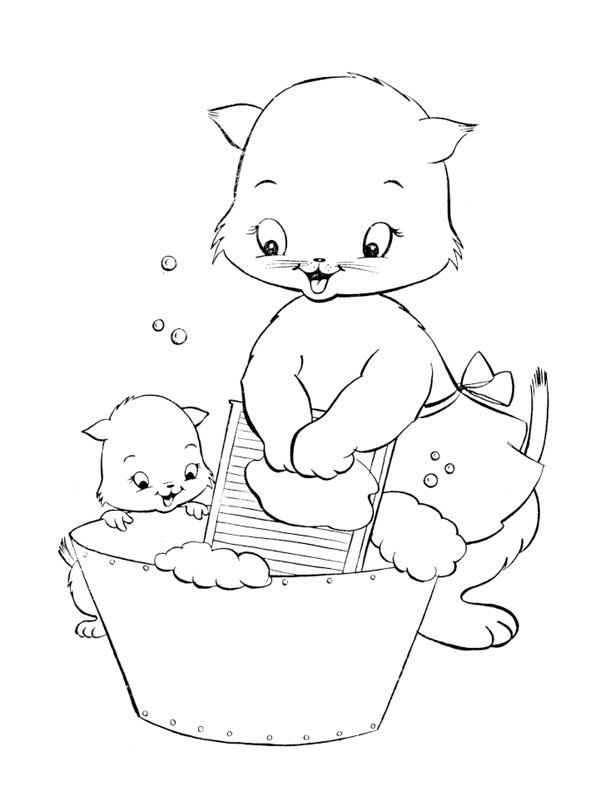 coloriage chat faisant la lessive